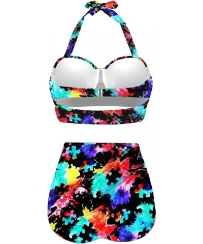 High Waisted Novelty Pattern 2 Piece Bikini Set for Women Tummy Control Swimsuit Push Up Bathing Suit Autism Awareness $18.89...