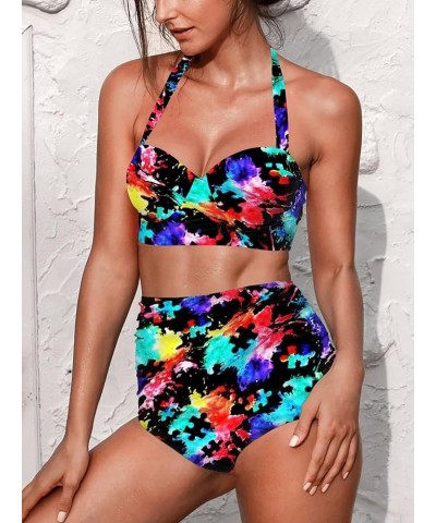 High Waisted Novelty Pattern 2 Piece Bikini Set for Women Tummy Control Swimsuit Push Up Bathing Suit Autism Awareness $18.89...