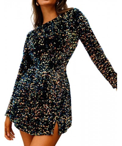 Women's Sequin Bodycon Dress Fall Winter Long Sleeve Crew Neck Sexy Backless Glitter Slit Mini Dress Navyblue $29.49 Dresses