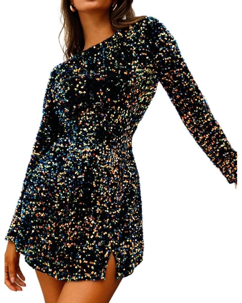 Women's Sequin Bodycon Dress Fall Winter Long Sleeve Crew Neck Sexy Backless Glitter Slit Mini Dress Navyblue $29.49 Dresses