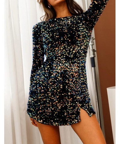 Women's Sequin Bodycon Dress Fall Winter Long Sleeve Crew Neck Sexy Backless Glitter Slit Mini Dress Navyblue $29.49 Dresses