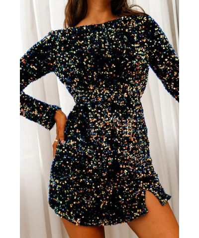 Women's Sequin Bodycon Dress Fall Winter Long Sleeve Crew Neck Sexy Backless Glitter Slit Mini Dress Navyblue $29.49 Dresses