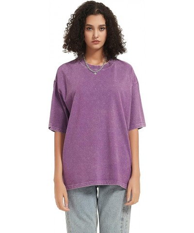 Womens Tops Oversized Casual Wash Solid Basic Classic Crewneck Streetwear Tees Vintage Teachwear Shirts Short Sleeves Purple ...