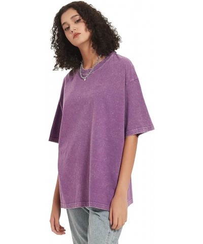 Womens Tops Oversized Casual Wash Solid Basic Classic Crewneck Streetwear Tees Vintage Teachwear Shirts Short Sleeves Purple ...