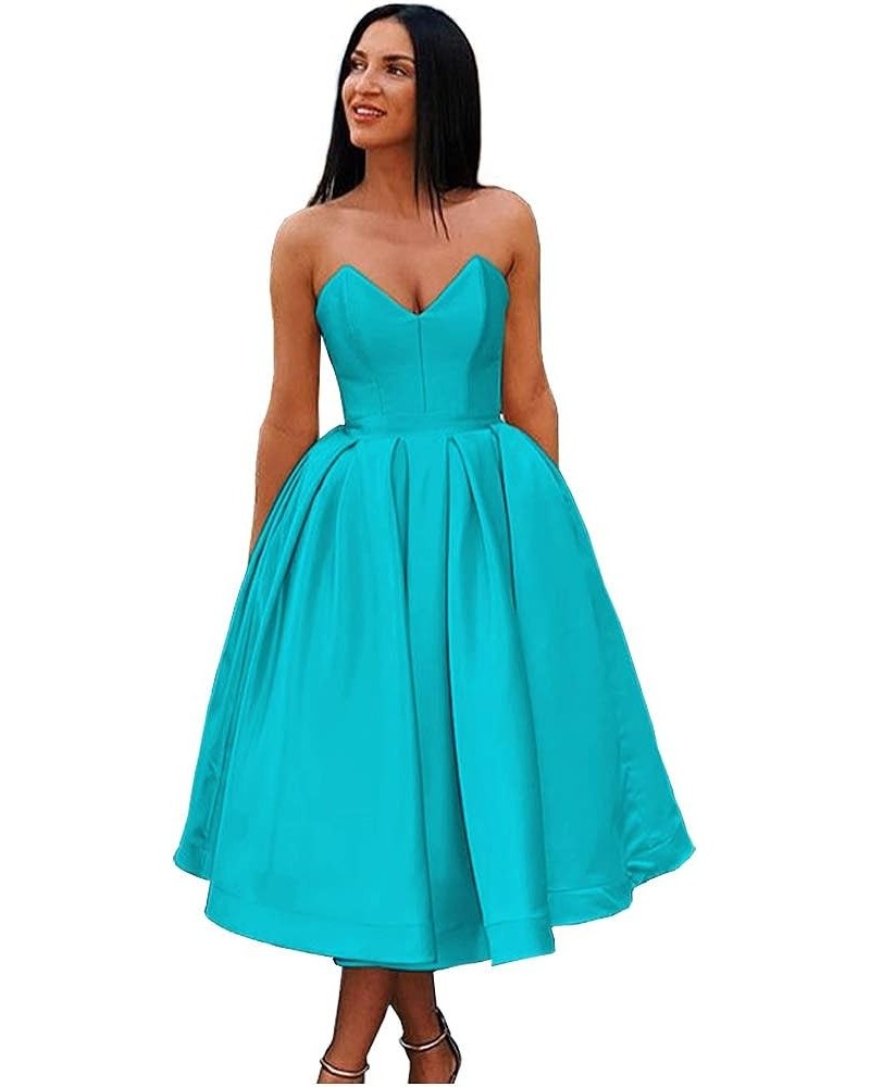 Women's Sweetheart Strapless Short Prom Dresses Satin A-line Homecoming Dresses Turquoise $47.84 Dresses