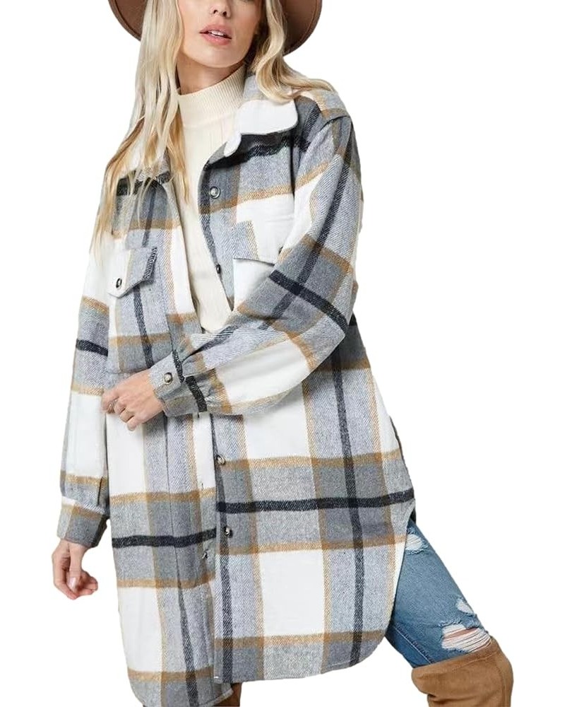 Women's Long Plaid Shacket Jacket Oversized Button Down Shirts Winter Warm Pea Coat Light Grey $13.49 Coats