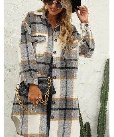 Women's Long Plaid Shacket Jacket Oversized Button Down Shirts Winter Warm Pea Coat Light Grey $13.49 Coats