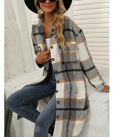 Women's Long Plaid Shacket Jacket Oversized Button Down Shirts Winter Warm Pea Coat Light Grey $13.49 Coats