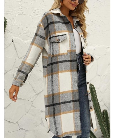 Women's Long Plaid Shacket Jacket Oversized Button Down Shirts Winter Warm Pea Coat Light Grey $13.49 Coats