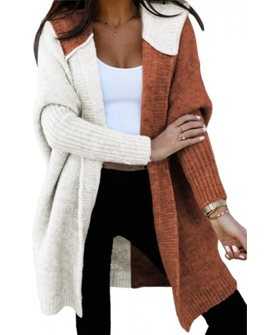 Women Open Front Long Sleeve Hooded Knit Cardigan Sweaters Color Block Outwear Coat Brown $25.96 Sweaters