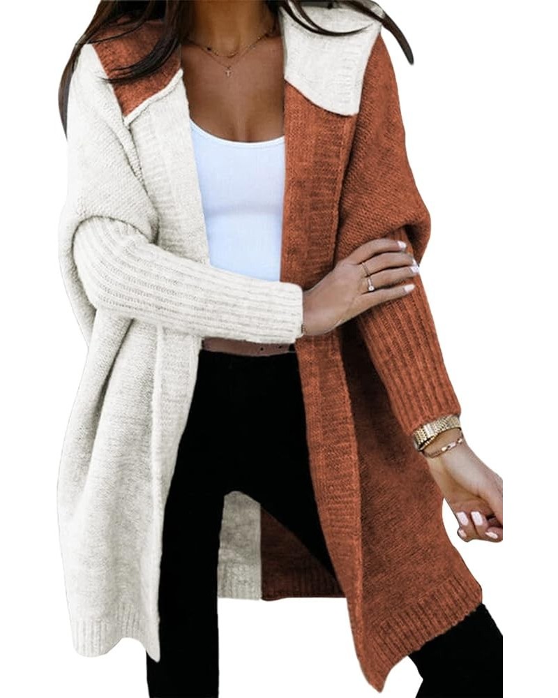 Women Open Front Long Sleeve Hooded Knit Cardigan Sweaters Color Block Outwear Coat Brown $25.96 Sweaters