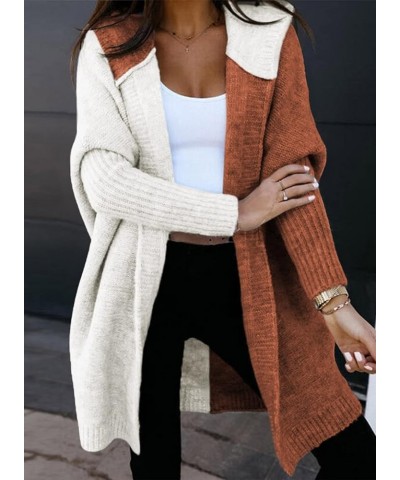 Women Open Front Long Sleeve Hooded Knit Cardigan Sweaters Color Block Outwear Coat Brown $25.96 Sweaters