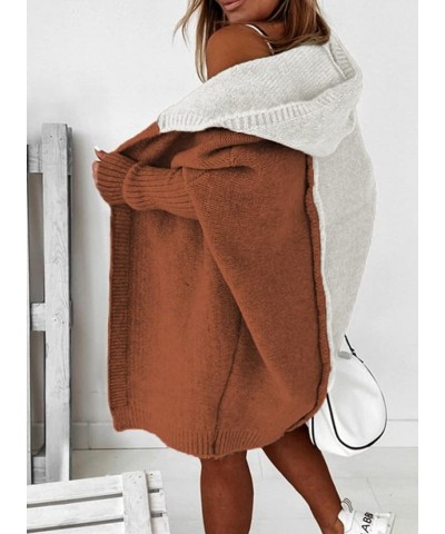 Women Open Front Long Sleeve Hooded Knit Cardigan Sweaters Color Block Outwear Coat Brown $25.96 Sweaters