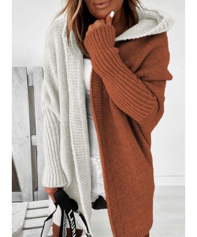 Women Open Front Long Sleeve Hooded Knit Cardigan Sweaters Color Block Outwear Coat Brown $25.96 Sweaters