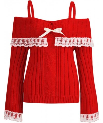 Women Y2k Long Sleeve Bow Knitted Sweater Color Block Bow Front Knit Pullover Tops Casual Loose Tie Up Cable Jumper E Red $15...