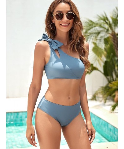 Women's Bikini Sets One Shoulder Cut Out 2 Piece Swimsuits Bow Bathing Suits Blue $11.44 Swimsuits