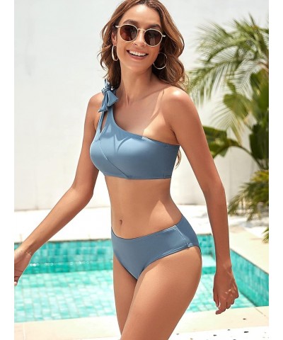 Women's Bikini Sets One Shoulder Cut Out 2 Piece Swimsuits Bow Bathing Suits Blue $11.44 Swimsuits