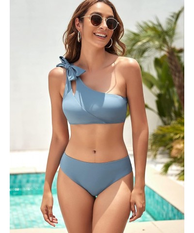 Women's Bikini Sets One Shoulder Cut Out 2 Piece Swimsuits Bow Bathing Suits Blue $11.44 Swimsuits