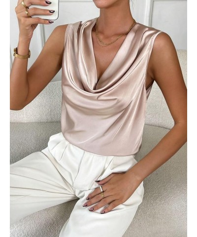 Women's Elegant Silk Satin Cowl Neck Draped Front Sleeveless Work Casual Blouse Tank Tops Apricot $15.19 Tanks