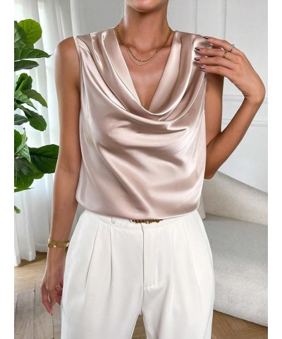 Women's Elegant Silk Satin Cowl Neck Draped Front Sleeveless Work Casual Blouse Tank Tops Apricot $15.19 Tanks