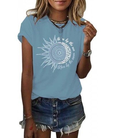 Womens Graphic Tees Summer Vintage Short Sleeve Cotton Moon and Sun Printed T Shirts Tops Sky Blue $12.99 T-Shirts