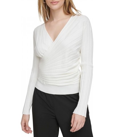 Women's Long Sleeve Faux Wrap Sweater Soft White $23.97 Sweaters