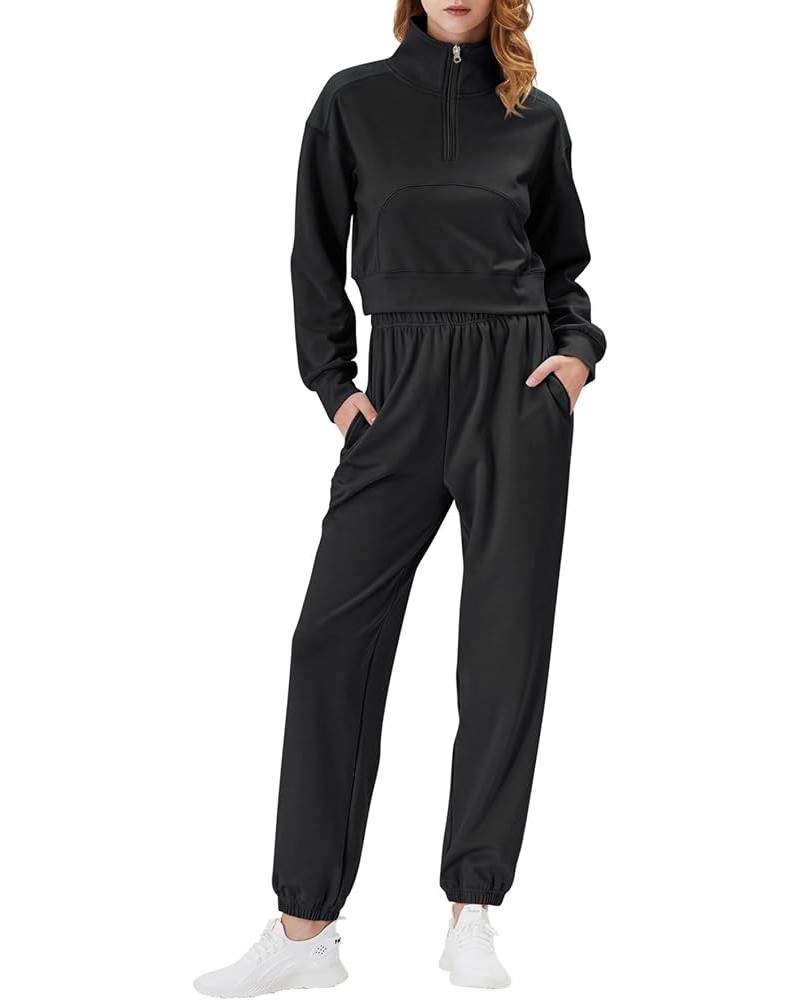 2 Piece Sweatsuits for Women Cropped Half Zip Sweatshirt and Sweatpants Set Black $23.77 Activewear