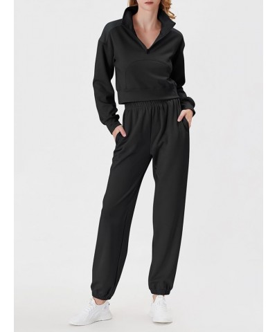 2 Piece Sweatsuits for Women Cropped Half Zip Sweatshirt and Sweatpants Set Black $23.77 Activewear