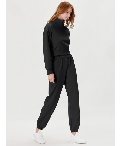 2 Piece Sweatsuits for Women Cropped Half Zip Sweatshirt and Sweatpants Set Black $23.77 Activewear