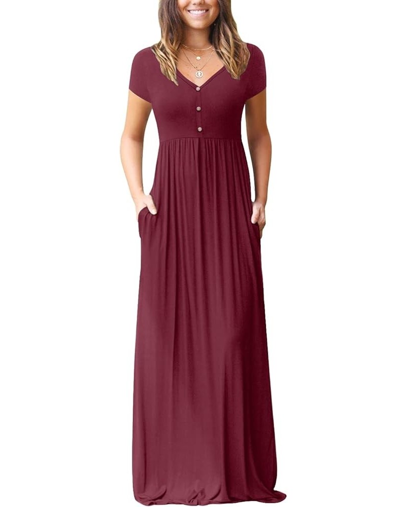 Womens Casual Long Dress Short/Long Sleeve Summer Loose Maxi Dresses with Pockets Short Sleeve 07 Wine Red $13.16 Dresses