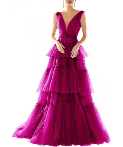 Women's Double V-Neck Prom Dresses Long 2024 Tiered Tulle A-line Pleated Formal Party Gowns Fuchsia $34.44 Dresses