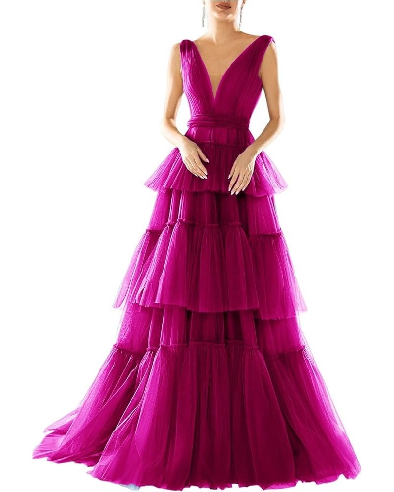 Women's Double V-Neck Prom Dresses Long 2024 Tiered Tulle A-line Pleated Formal Party Gowns Fuchsia $34.44 Dresses