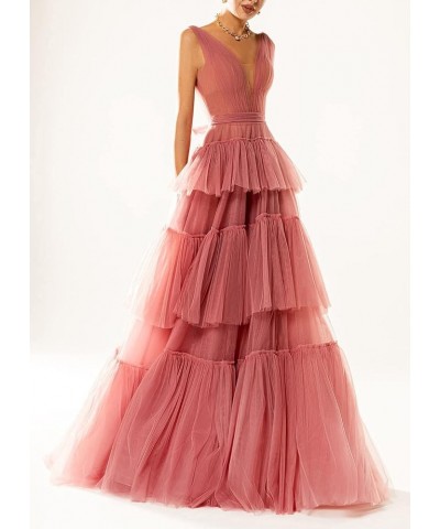 Women's Double V-Neck Prom Dresses Long 2024 Tiered Tulle A-line Pleated Formal Party Gowns Fuchsia $34.44 Dresses