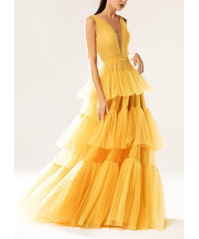 Women's Double V-Neck Prom Dresses Long 2024 Tiered Tulle A-line Pleated Formal Party Gowns Fuchsia $34.44 Dresses