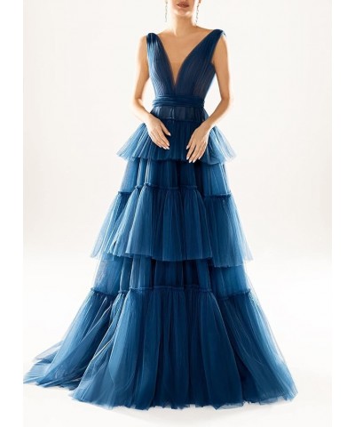 Women's Double V-Neck Prom Dresses Long 2024 Tiered Tulle A-line Pleated Formal Party Gowns Fuchsia $34.44 Dresses