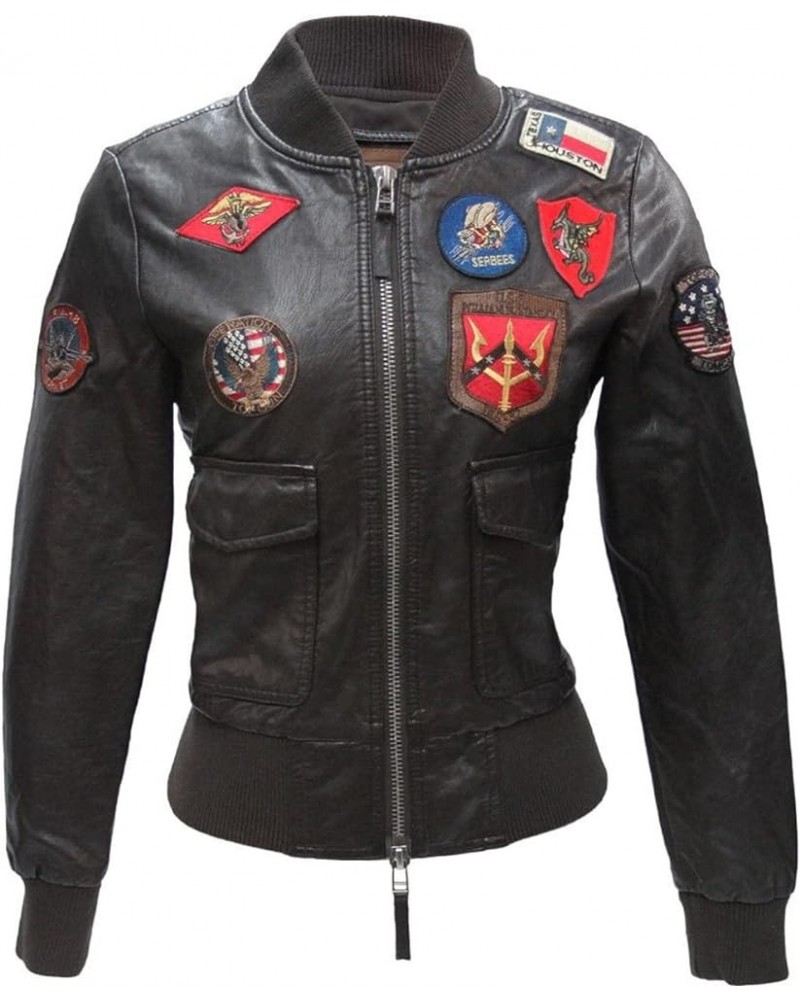 Womens Brown Top Aviators Flight Bomber Pilot Patches Leather Jacket Brown Real Leather Jacket $45.39 Coats