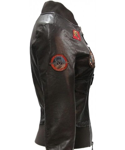 Womens Brown Top Aviators Flight Bomber Pilot Patches Leather Jacket Brown Real Leather Jacket $45.39 Coats