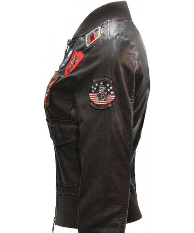 Womens Brown Top Aviators Flight Bomber Pilot Patches Leather Jacket Brown Real Leather Jacket $45.39 Coats