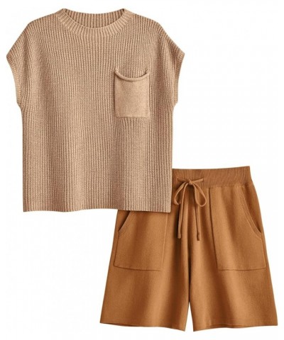 Two 2 Piece Knit Matching Sets Women's Summer Set With Pockets Light Brown-shorts $18.28 Activewear