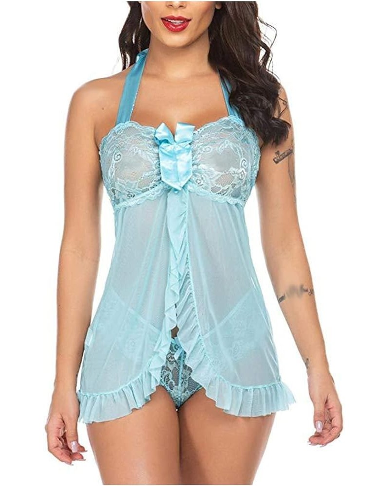 Women Lace Lingerie Front Closure Babydoll Nightgown V Neck Sexy Thong Chemise Nightie Exotic Lingerie Nightwear Z2-light Blu...