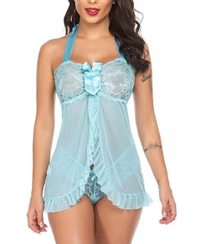 Women Lace Lingerie Front Closure Babydoll Nightgown V Neck Sexy Thong Chemise Nightie Exotic Lingerie Nightwear Z2-light Blu...