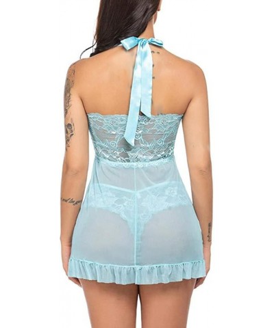 Women Lace Lingerie Front Closure Babydoll Nightgown V Neck Sexy Thong Chemise Nightie Exotic Lingerie Nightwear Z2-light Blu...