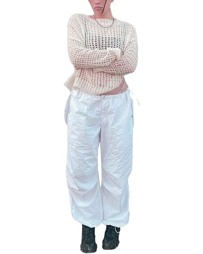 Women Casual Solid Color Wide-Leg Cargo Pants Y2k Baggy Parachute Pants Drawstring Elastic Waist Jogging Trousers White6 $10....