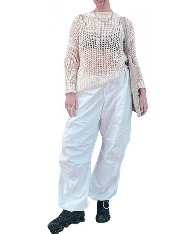 Women Casual Solid Color Wide-Leg Cargo Pants Y2k Baggy Parachute Pants Drawstring Elastic Waist Jogging Trousers White6 $10....