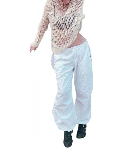 Women Casual Solid Color Wide-Leg Cargo Pants Y2k Baggy Parachute Pants Drawstring Elastic Waist Jogging Trousers White6 $10....