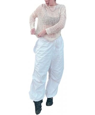 Women Casual Solid Color Wide-Leg Cargo Pants Y2k Baggy Parachute Pants Drawstring Elastic Waist Jogging Trousers White6 $10....