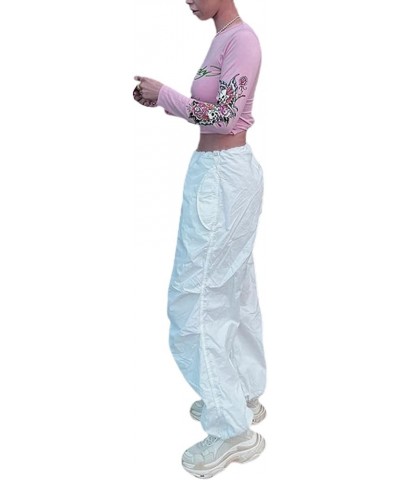 Women Casual Solid Color Wide-Leg Cargo Pants Y2k Baggy Parachute Pants Drawstring Elastic Waist Jogging Trousers White6 $10....