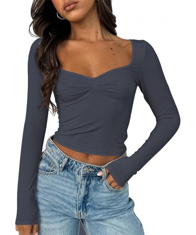 Women's Sexy Long Sleeve Going Out Tops Pleated Bustier Shirt Cute Sweetheart Neck Y2K Cropped Top Dark Grey $16.23 Tops