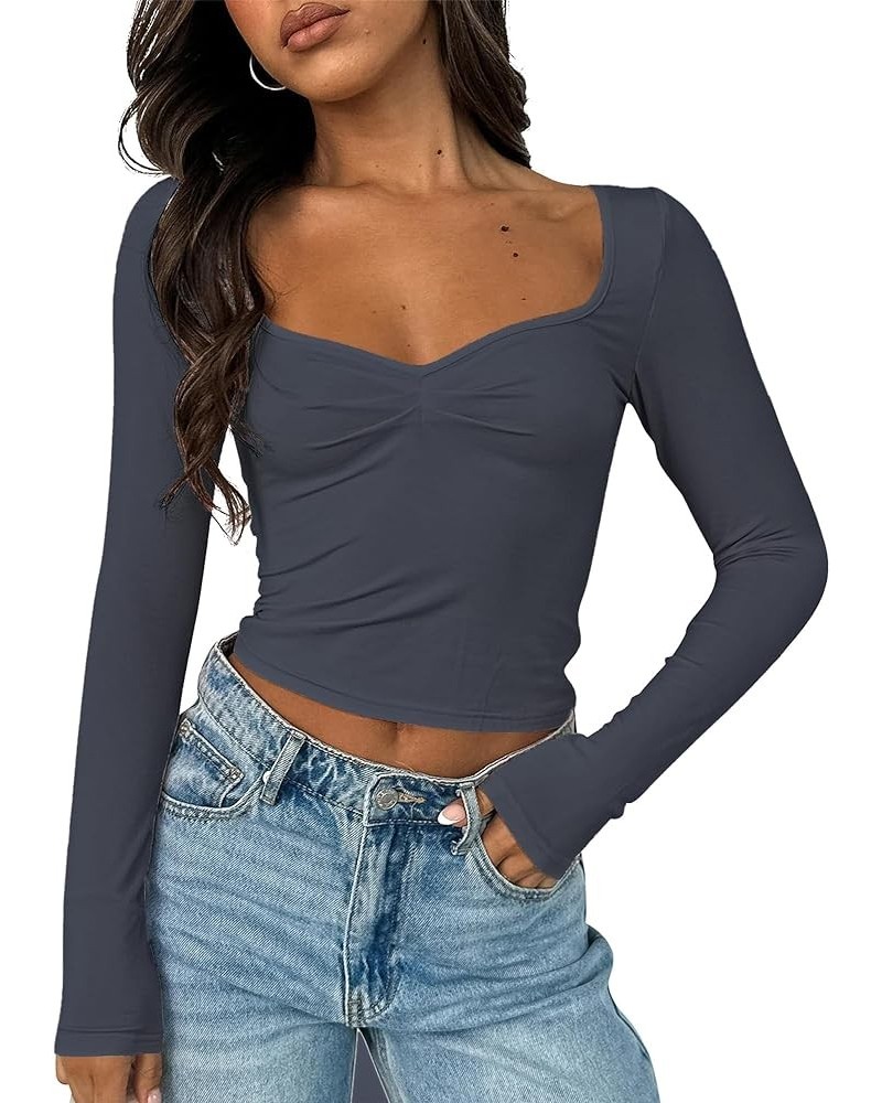 Women's Sexy Long Sleeve Going Out Tops Pleated Bustier Shirt Cute Sweetheart Neck Y2K Cropped Top Dark Grey $16.23 Tops