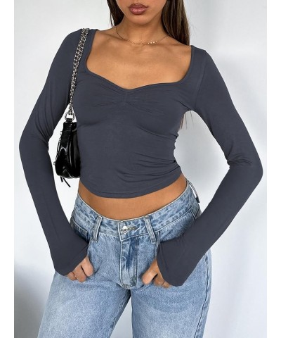 Women's Sexy Long Sleeve Going Out Tops Pleated Bustier Shirt Cute Sweetheart Neck Y2K Cropped Top Dark Grey $16.23 Tops